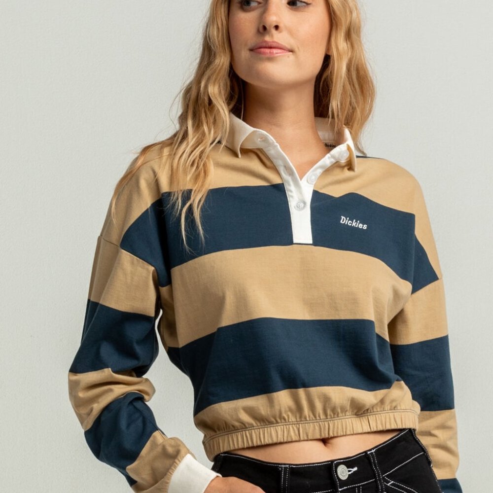 Dickies Cinch Collared Polo Tee Crop Top Yellow Blue Elastic Bottom 100% Cotton